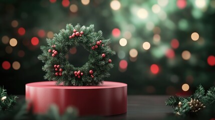Aufkleber - Festive podium display featuring a Christmas wreath with fir branches 3D rendering 3D illustration