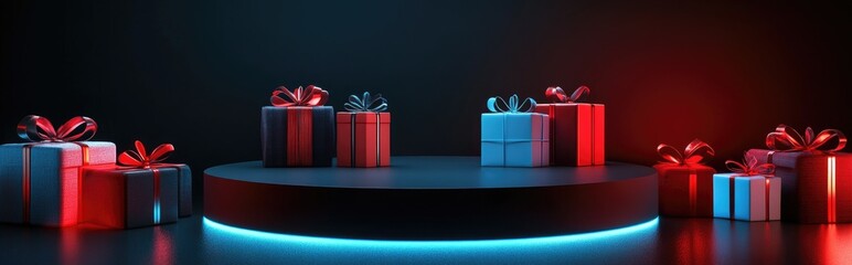 Poster - Abstract 3D rendering of a presentation podium featuring Christmas gifts and presents 3D illustration