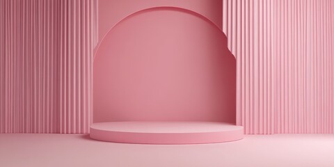 Poster - Minimalist design in 3D with a pink color palette featuring a podium mockup for presentation against an abstract backdrop