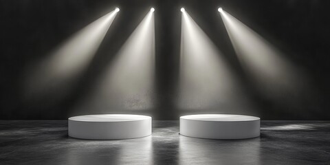 Aufkleber - Two illuminated white podiums showcased under bright spotlights 3D rendering