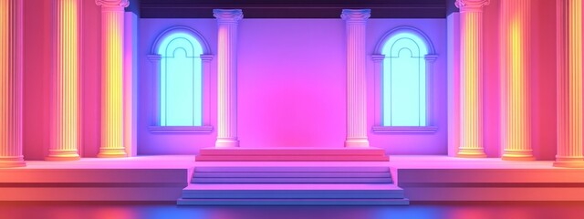 Aufkleber - Roman style stage design featuring two windows a raised three level floor and two Roman pillars White 3D model 3D render 3D rendering