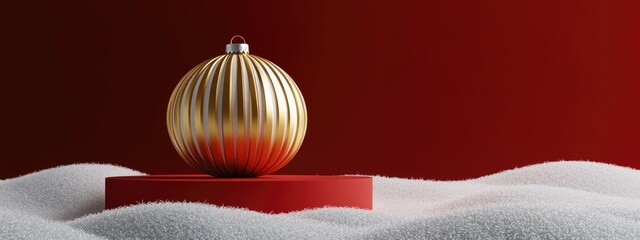 Aufkleber - Minimalist product backdrop for winter holiday theme featuring a gold striped bauble podium and snow drifts on a red background 3D render illustration with clipping path for each element included