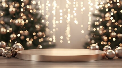 Aufkleber - Festive Background and Display Podium for Product Promotion on Wooden Tabletop 3D Rendering