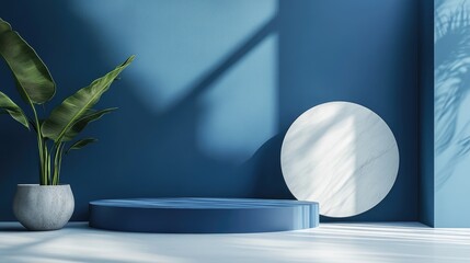 Poster - Blue abstract background with 3D scene rendering featuring a mock up podium display for product presentation