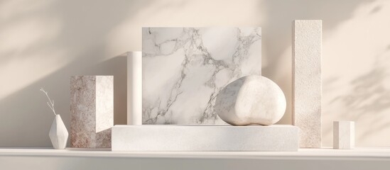 Poster - Marble texture geometric shapes collection on a blank podium shelf in 3D rendering