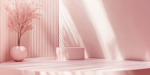 Poster - Minimalist design in 3D with a pink color palette featuring a podium mockup for presentation against an abstract backdrop