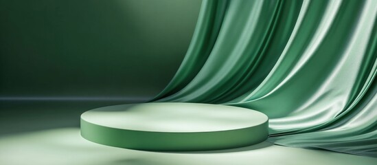 Leinwandbilder - Green podium with a satin wave curtain on a green backdrop Vacant pedestal for showcasing natural cosmetic products Minimalist abstract background featuring a round stand 3D rendering