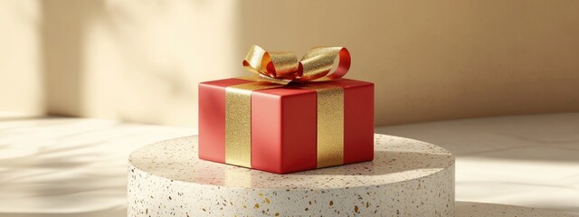 Aufkleber - Minimalist product display for festive occasions featuring a red gift box adorned with a golden ribbon on a terrazzo podium 3D render illustration Clipping path for each element included