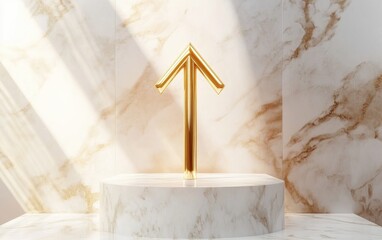 Poster - Gold glossy arrow up icon on a white marble podium Modern symbol for websites social media presentations and design templates 3D rendering