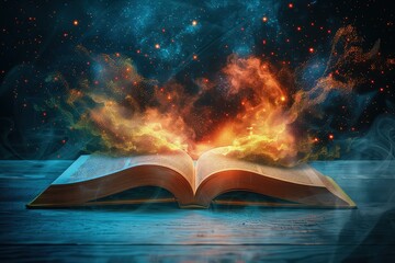 Open magic book with glowing pages.