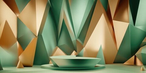 Aufkleber - Abstract background in green and brown tones featuring triangular shapes and a pedestal in a 3D rendered illustration