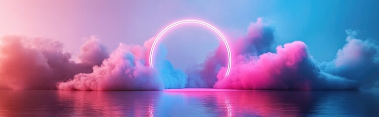Poster - Natural beauty podium backdrop for showcasing products featuring a dreamy cloud and arch frame in a romantic 3D seascape setting