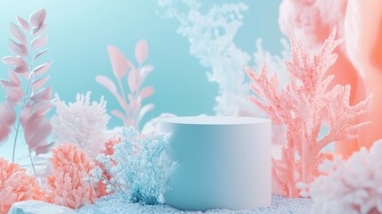 Wall Mural - Winner s podium with natural beauty elements minimalistic cube and an abstract background Scene featuring pastel blue and coral colors Stylish 3D render suitable for social media banners promotions