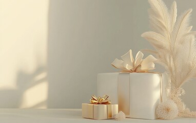 Aufkleber - Surprise gift box with a luxurious creamy hue on a soft gray backdrop adorned with a pure gold bar for product display festive celebrations and 3D rendering