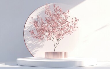Aufkleber - Minimalist white and rose gold podium stage backdrop featuring a tree on a white background suitable for product display or various design applications rendered in 3D illustration style with a sum
