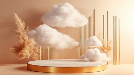Aufkleber - Light beige and pastel orange 3D rendering of a product display podium featuring abstract clouds and golden lines set against a luxurious minimalist background with a cylindrical platform