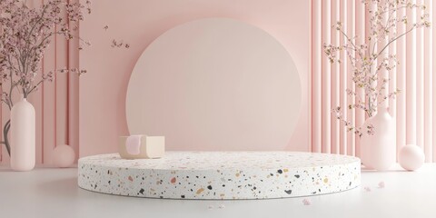 Wall Mural - Minimalistic mockup scene featuring a pastel colored podium with terrazzo geometric shapes designed for product presentation 3D rendering