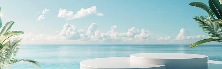 Poster - Summer themed product display podium set against a blue backdrop of sea and sky 3D rendering