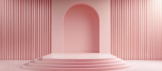 Poster - Minimalist modern 3D podium with art deco arch Pedestal platform for cosmetic and fashion displays Mockup of an award stand realistic scene render design Geometric empty stage