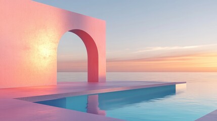 Poster - Abstract composition featuring geometric shapes an arch and a swimming pool illuminated by natural daylight set against a minimalist 3D landscape backdrop