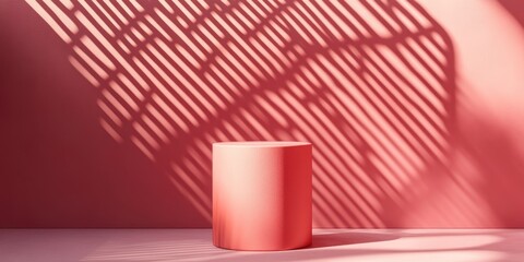 Aufkleber - Minimalistic rose colored podium in studio lighting A single cylinder stands against a rose background featuring a diagonal lattice 3D rendering
