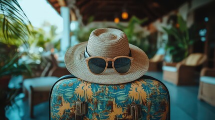  straw hat and sunglasses resting on a floral suitcase at a tropical resort, symbolizing a stylish vacation in a serene environment.