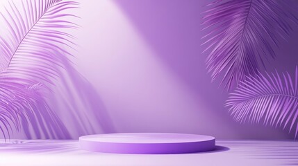 Poster - Bright purple and violet minimalistic 3D rendered background featuring a simple top view flat lay product display with a single podium stand and palm leaf shadow ideal for showcasing nature product