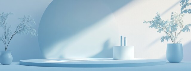 Aufkleber - Empty podium with a modern abstract background in white and blue featuring platforms for showcasing cosmetic products 3D illustration of a pedestal for creative minimal display