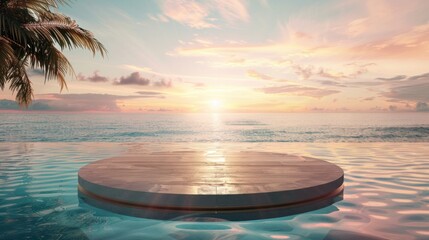 Podium stand in luxury swimming pool water with sea and sunset view. Summer background of tropical design product placement display. Hotel resort poolside backdrop. 