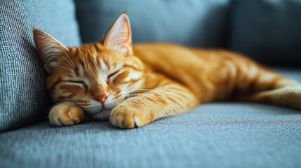 Orange tabby cat sleeps peacefully on a soft, blue couch, its fur contrasting with the cool tones of the fabric, creating a sense of comfort and relaxation.