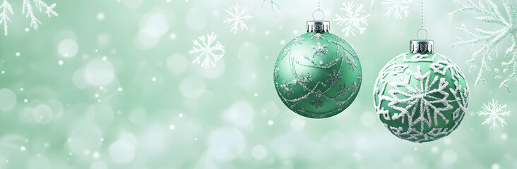 Green Christmas Ornaments with Frosted Snowflakes
