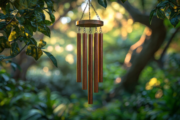 Poster - a wind chime gently swaying and producing soft melodies in the breeze. concept of soothing sounds an