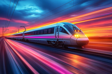 Poster - a train speeding through a landscape, the motion captured as a streak of color across the scenery. c