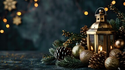 Merry Christmas and New Year. Festive composition. Beautiful dark Christmas design. Christmas lantern against a background of fir branches, shiny golden balls, confetti and baubles.