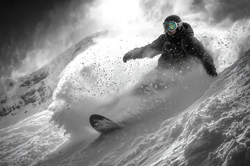 Wall Mural - A snowboarder carving through fresh powder, the snow spraying in a dynamic arc. Concept of winter sports and fluid motion.