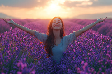 Wall Mural - A person standing in a field of lavender, arms outstretched, basking in the beauty around them. Concept of joy in nature and serenity.