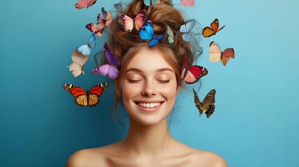 Wall Mural - Woman's happiness and butterflies in hair suggest a healthy beauty concept.