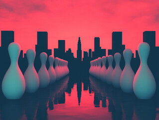 Wall Mural - A surreal landscape featuring bowling pins silhouetted against a vibrant sunset and a city skyline, creating a captivating visual contrast.