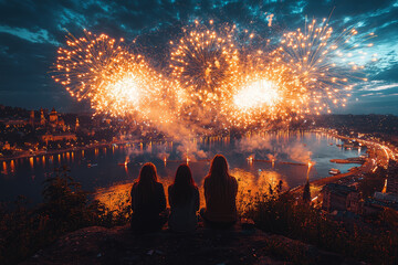 Sticker - A group of friends watching fireworks, their faces illuminated with wonder and delight. Concept of celebration and shared moments.