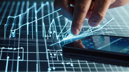 Poster - A close-up of a hand with a stylus interacting with a digital stock chart, representing market data analysis