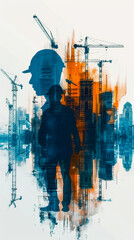 Poster - Double Exposure Construction Site with Workers and Cranes - Blue and Orange - Symbolizing Progress and Growth in Urban Development