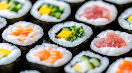 Close-up of fresh, colorful sushi rolls