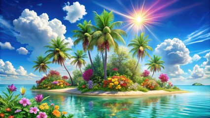 Vibrant, stylized illustration of a tropical island with swaying palm trees, colorful flowers, and a bright sun, surrounded by clear turquoise waters and fluffy white clouds.