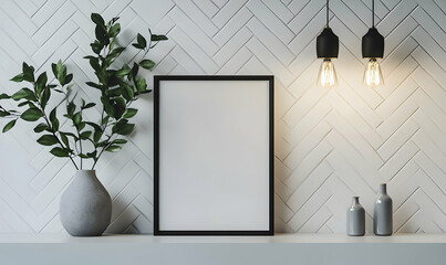 A black framed picture on a white shelf with a white herringbone tile wall, green plant in vase and two grey bottles.