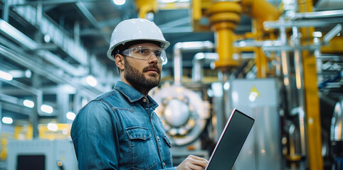 Poster - chief engineer in hard hat using laptop in modern factory, industrial setting, engineering professio