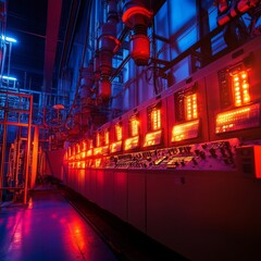 An industrial control panel with glowing red lights, in a dark room.