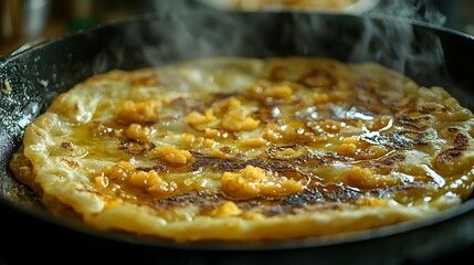 Wall Mural - Delicious Golden Pancake with Sweet Toppings in a Pan