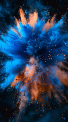 Wall Mural - A captivating and immersive explosion of blue and orange powder on a deep black background, captured in pristine HD quality, showcasing the vibrant colors.