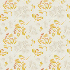 Wall Mural - Fall seamless pattern with rowan and leaves. Graphic background with autumn branch. Hand drawn repetitive illustration and wallpaper art.