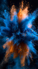 Wall Mural - A captivating and immersive explosion of blue and orange powder on a deep black background, captured in pristine HD quality, showcasing the vibrant colors.